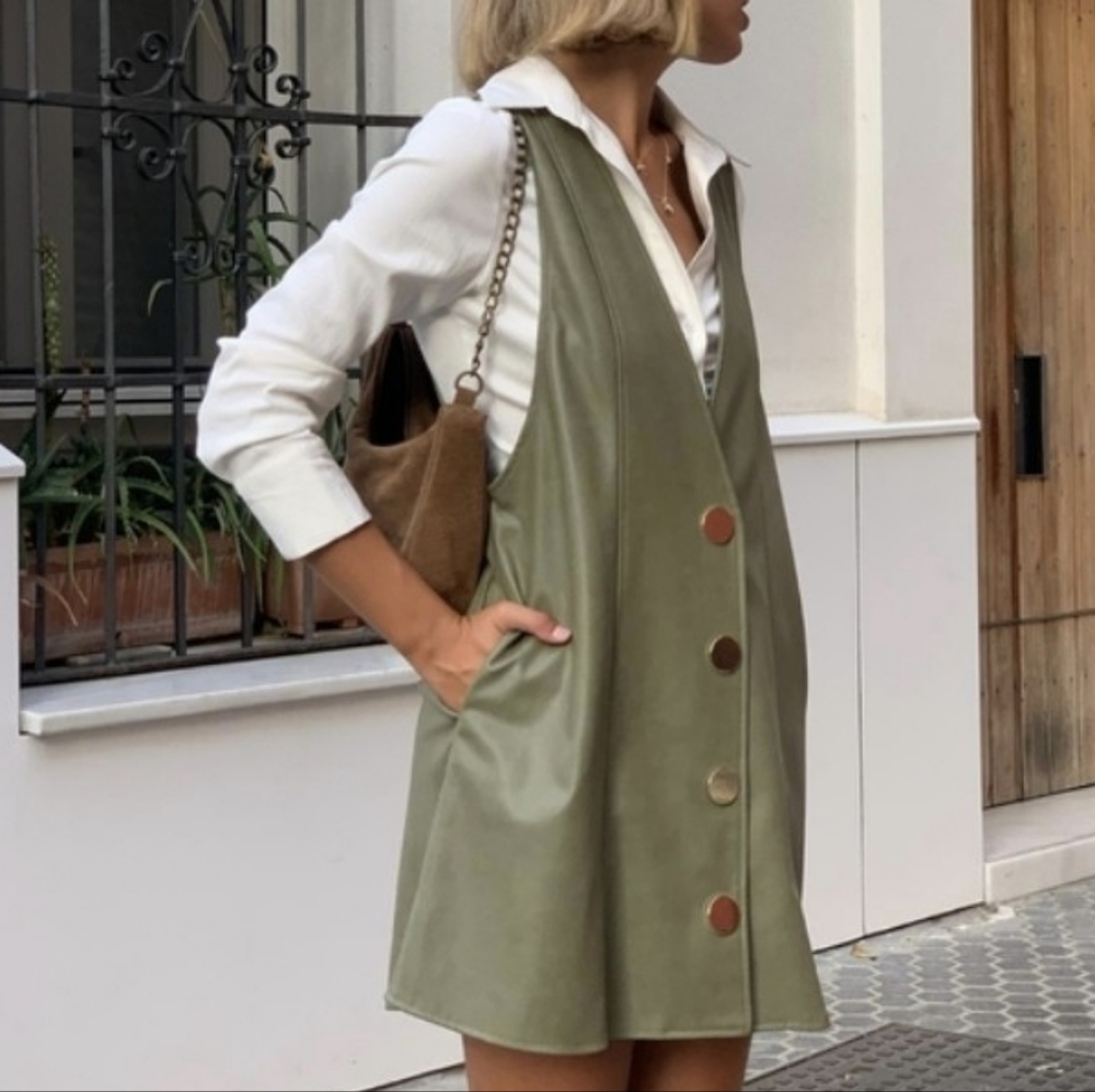 Zara Khaki Faux Leather Mini Dress with Metallic Accents Size Medium.